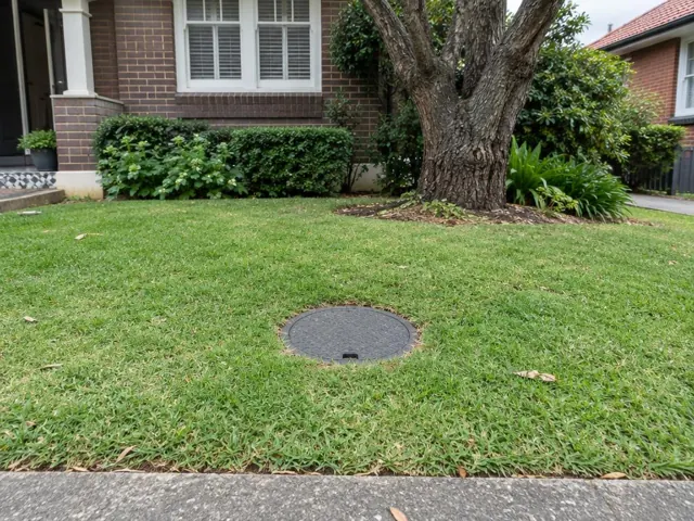Flush circular sewer cap in a lawn beside a brick house in Rose Bay
